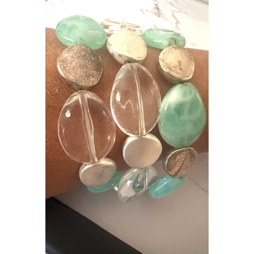 Chunky Stretch Bracelet Aqua Seafoam Lucite Bead Silver Tone Multi Strand